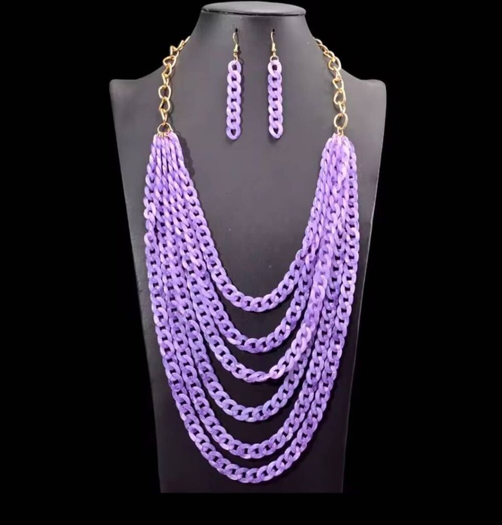 Vintage Multilayer Acrylic Demi-parure Necklace & Earring set Amethyst Lavender